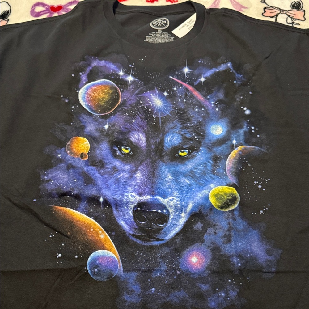 DOM Graphic T Shirt Mens 3X Wolf Space Planets Galaxy Print  black